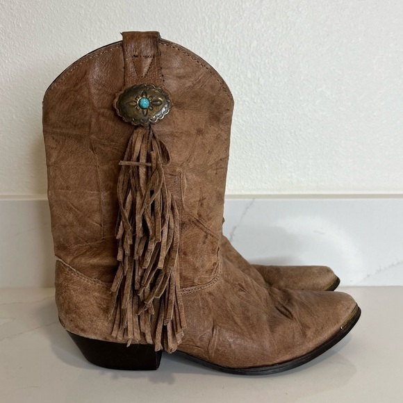 Vintage Suede Fringe Western Boots Brown Pointed Toe Concho Pull-On Size 7.5 - Picture 1 of 15